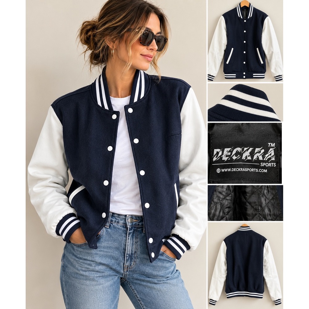 Deckra Sports Varsity Letterman Jacket Navy Blue Leather Sleeves Women's Size L